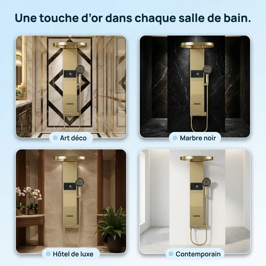 Colonne de Douche Dorée Anneau LED Hydromassant Aluminium PVD - détail des buses sur fond blanc
