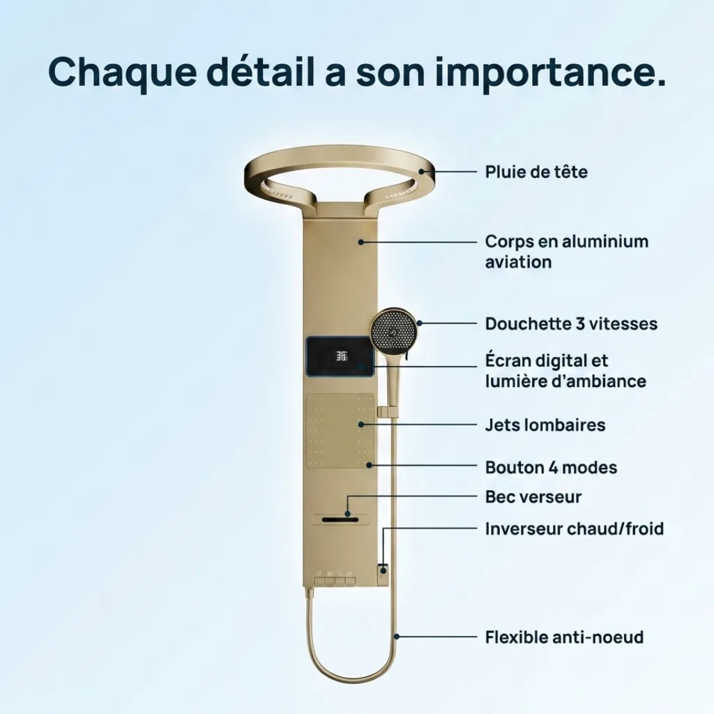 Colonne de Douche Dorée Anneau LED Hydromassant Aluminium PVD - vue de détail sur fond blanc
