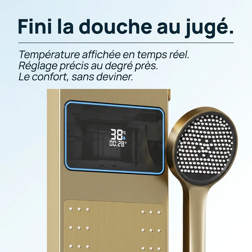 Colonne de Douche Dorée Anneau LED Hydromassant Aluminium PVD - en utilisation dans la douche