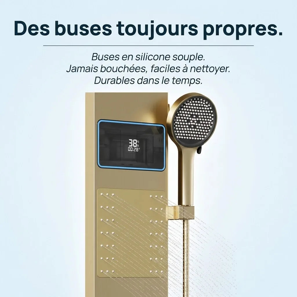 Colonne de Douche Dorée Anneau LED Hydromassant Aluminium PVD - détail du mécanisme sur fond blanc