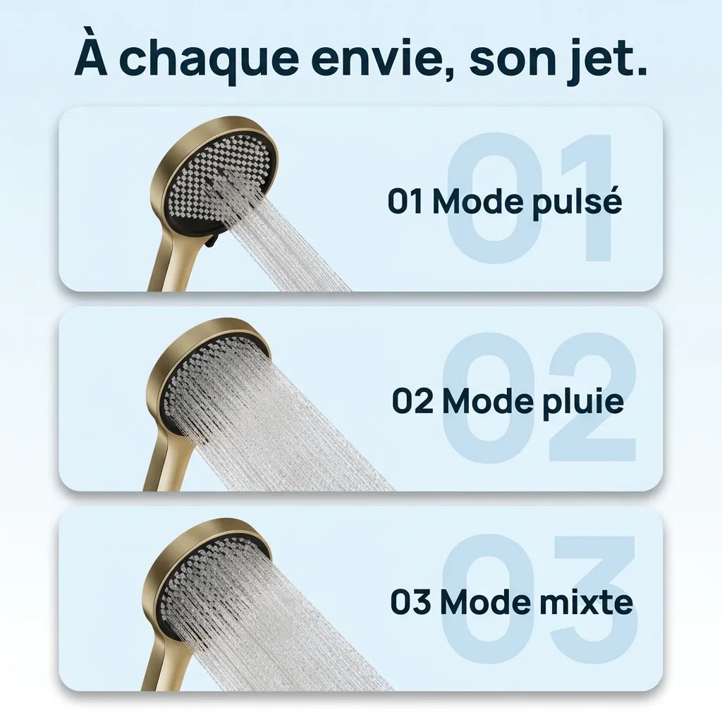 Colonne de Douche Dorée Anneau LED Hydromassant Aluminium PVD - vue d'ensemble sur fond blanc