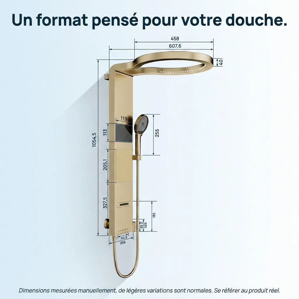 Colonne de Douche Dorée Anneau LED Hydromassant Aluminium PVD - vue rapprochée sur fond blanc