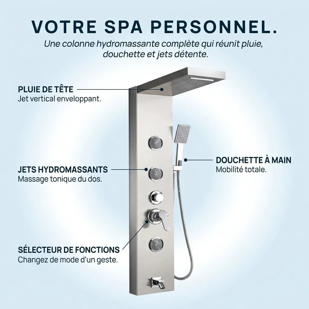 Colonne de Douche Hydromassante Inox Brossé - 3 Jets