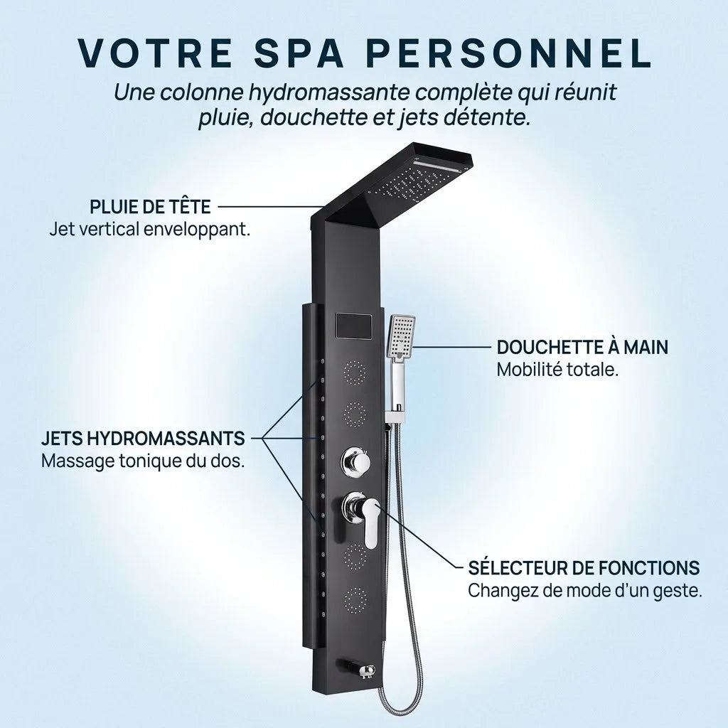 Colonne de Douche Hydromassante Noire - LED & 4 Jets