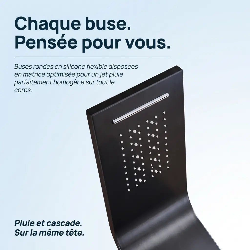 Colonne de douche noire hydromassante mitigeur 6 fonctions robinet - vue de côté sur fond blanc
