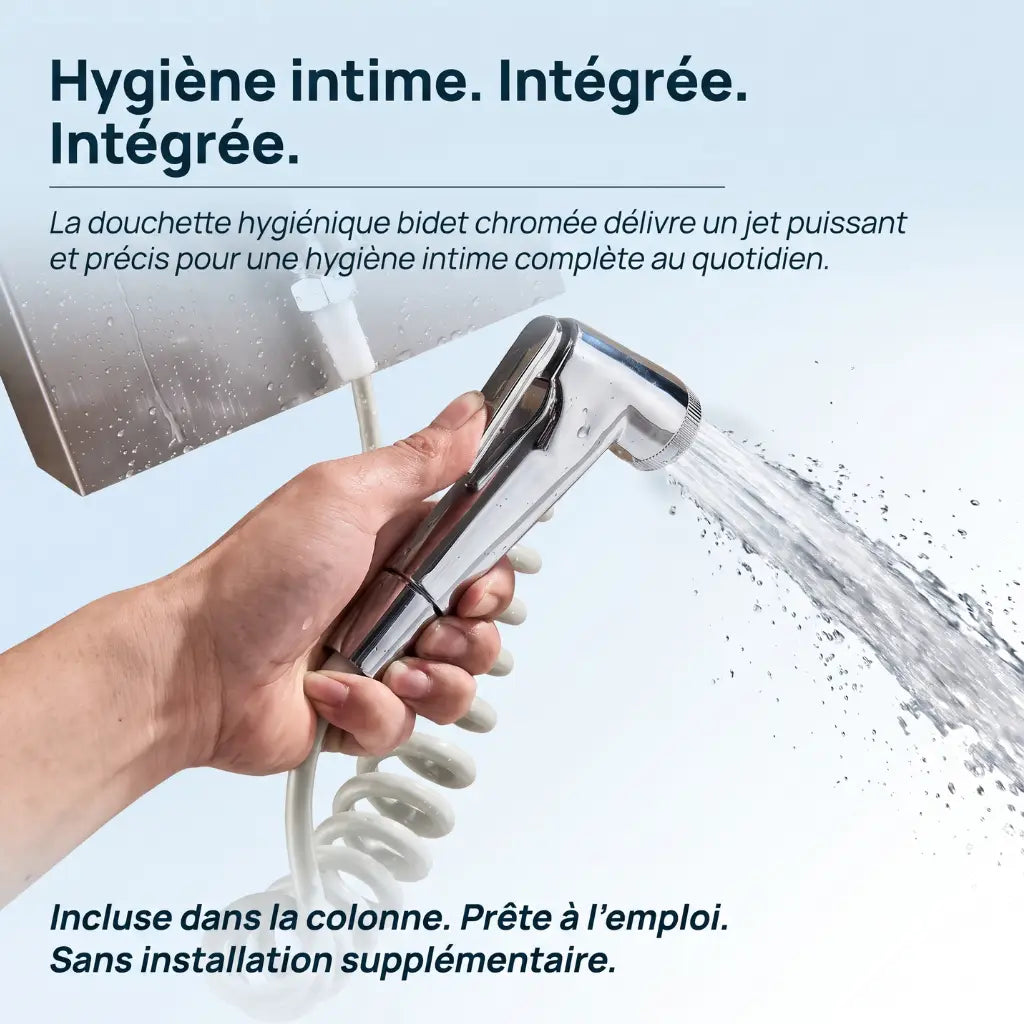 Colonne de douche nickel hydromassante mitigeur 6 fonctions robinet baignoire pomme laiton - vue de détail sur fond blanc