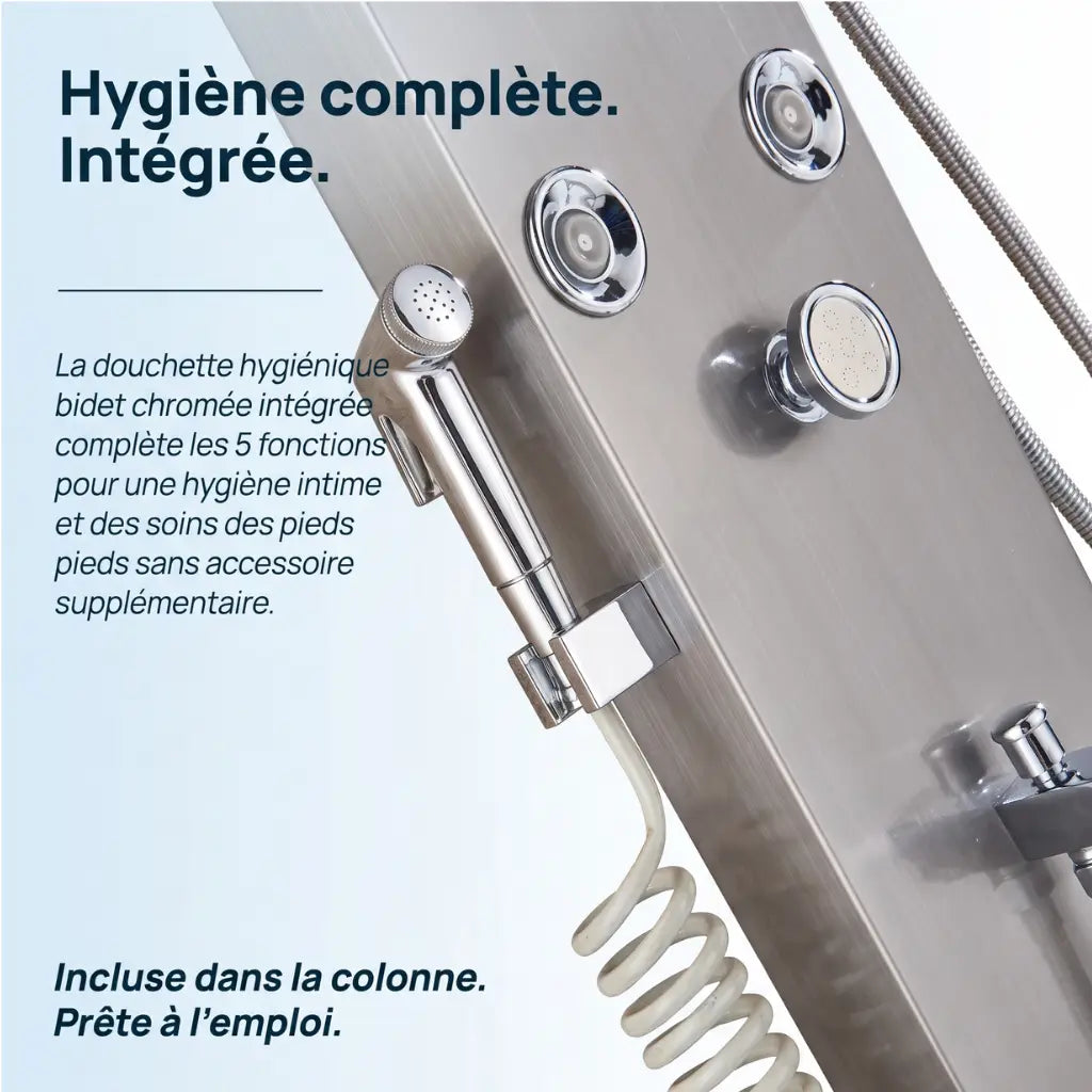 Colonne de douche nickel hydromassante mitigeur 6 fonctions robinet baignoire pomme laiton - détail des buses sur fond blanc