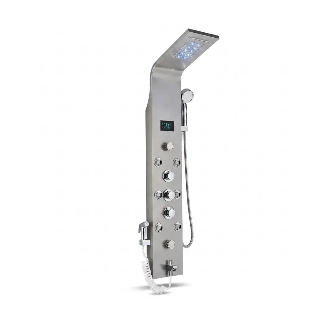 Colonne de douche nickel hydromassante mitigeur 6 fonctions robinet baignoire pomme laiton - vue principale sur fond blanc