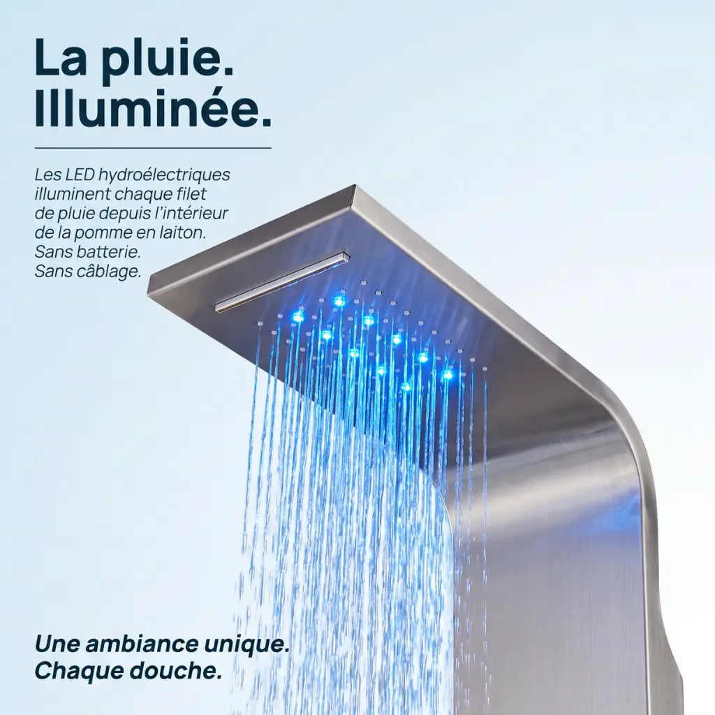 Colonne de douche nickel hydromassante mitigeur 6 fonctions robinet baignoire pomme laiton - en utilisation dans la douche