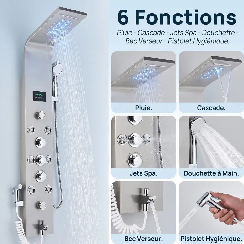 Colonne de douche nickel hydromassante mitigeur 6 fonctions robinet baignoire pomme laiton inox - vue de face sur fond blanc