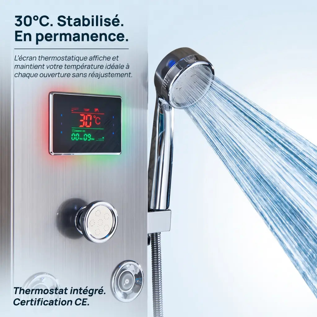 Colonne de douche nickel hydromassante mitigeur 6 fonctions robinet baignoire pomme laiton - vue d'ensemble sur fond blanc
