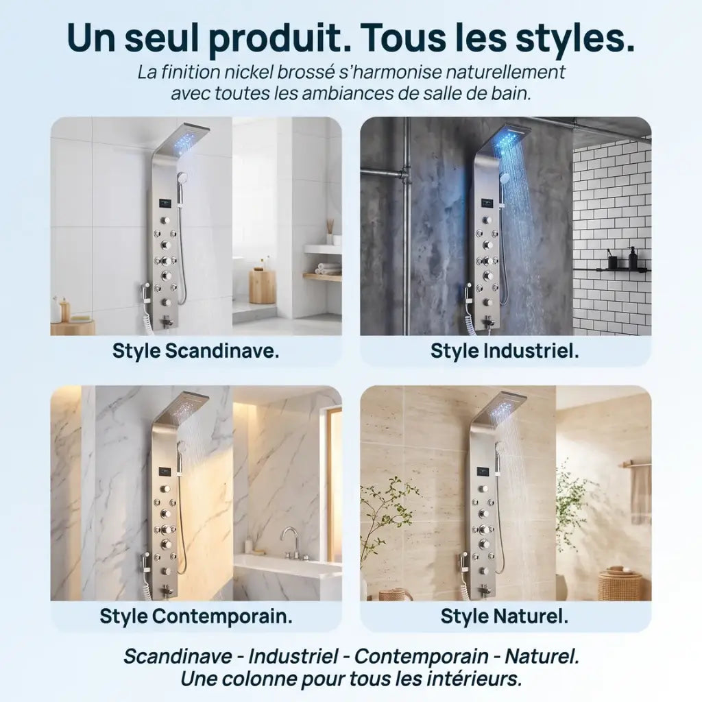 Colonne de douche nickel hydromassante mitigeur 6 fonctions robinet baignoire pomme - présentation du produit sur fond blanc