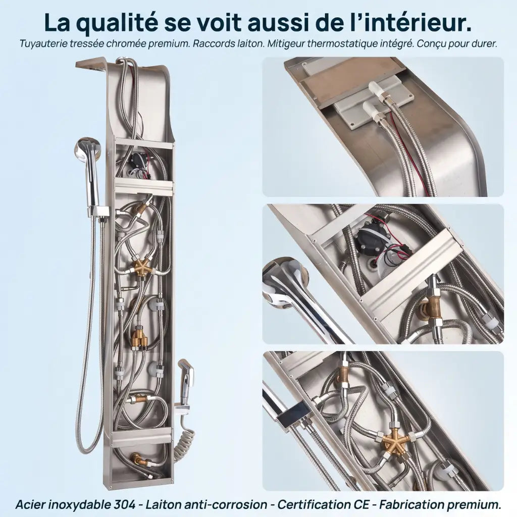 Colonne de douche nickel hydromassante mitigeur 6 fonctions robinet baignoire pomme - détail du mécanisme sur fond blanc