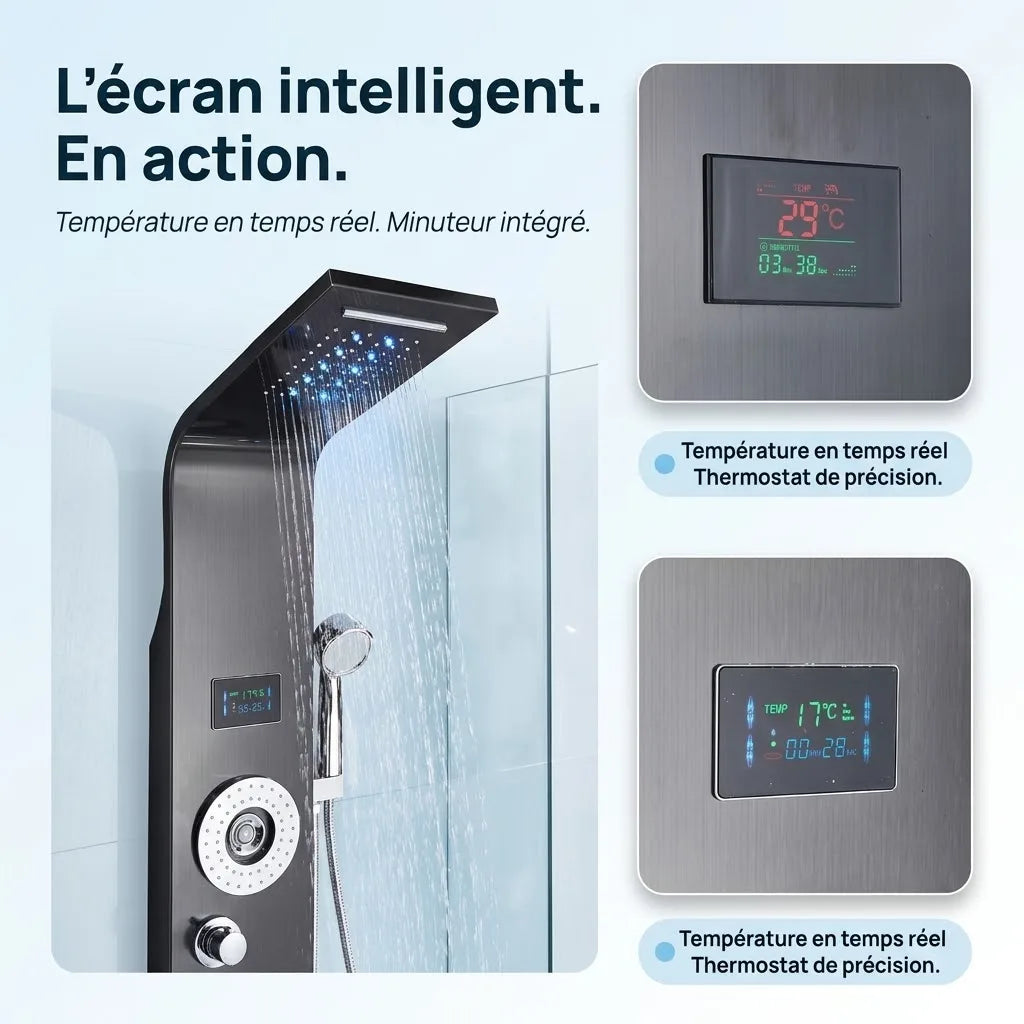 Colonne de douche noire hydromassante mitigeur 6 fonctions robinet baignoire pomme laiton - vue de détail sur fond blanc