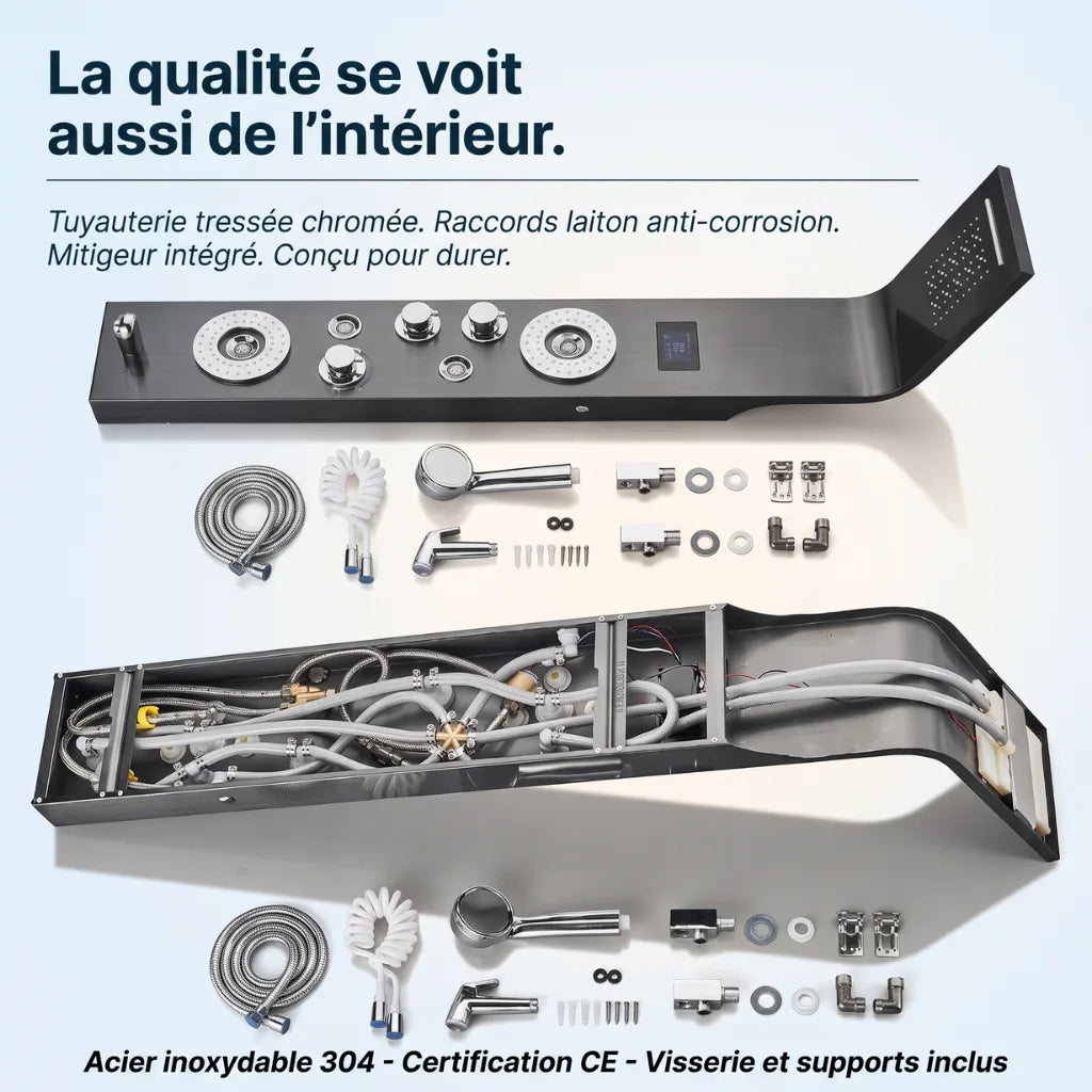 Colonne de douche noire hydromassante mitigeur 6 fonctions robinet baignoire pomme laiton - vue rapprochée sur fond blanc
