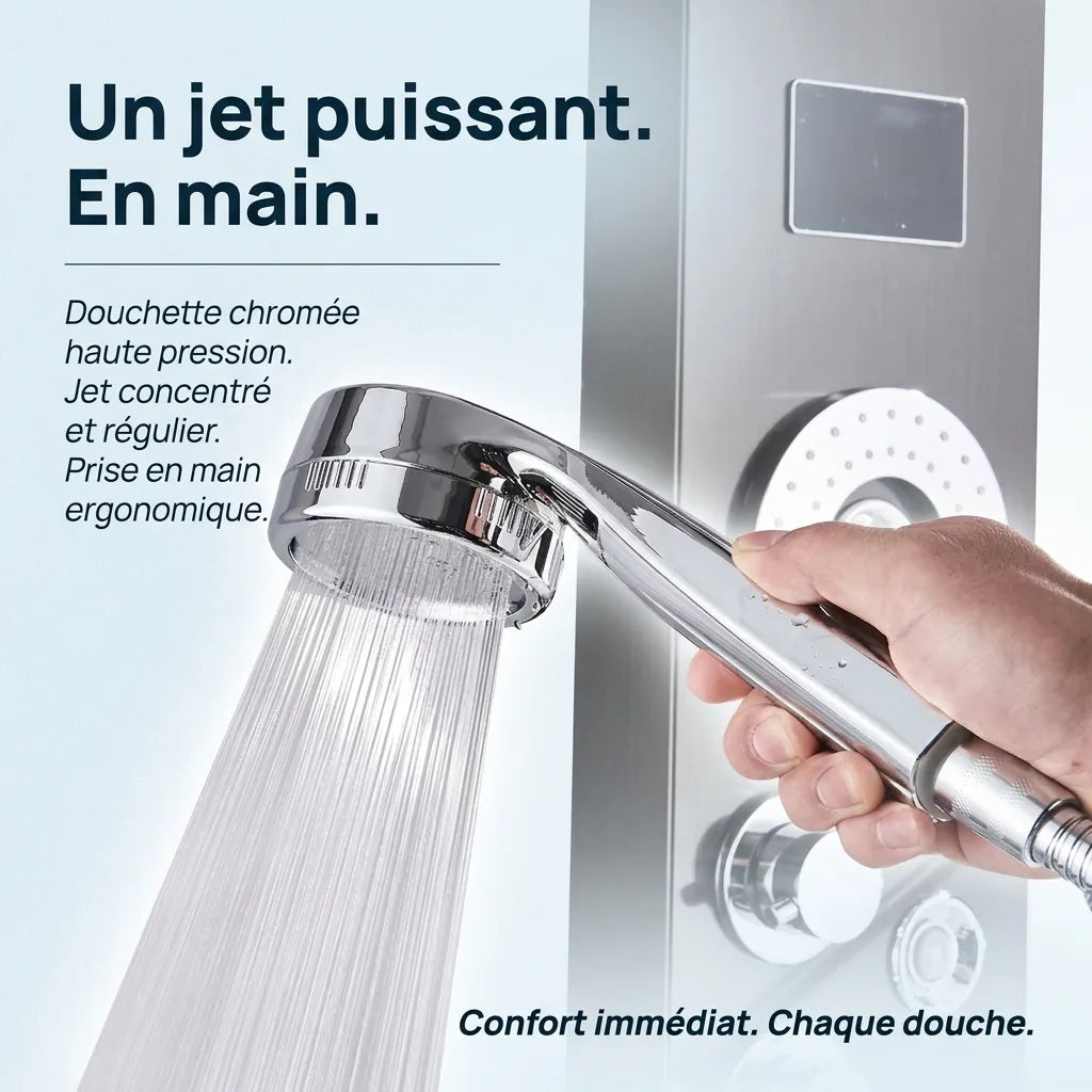 Colonne de douche noire hydromassante mitigeur 6 fonctions robinet baignoire pomme laiton - en utilisation dans la douche