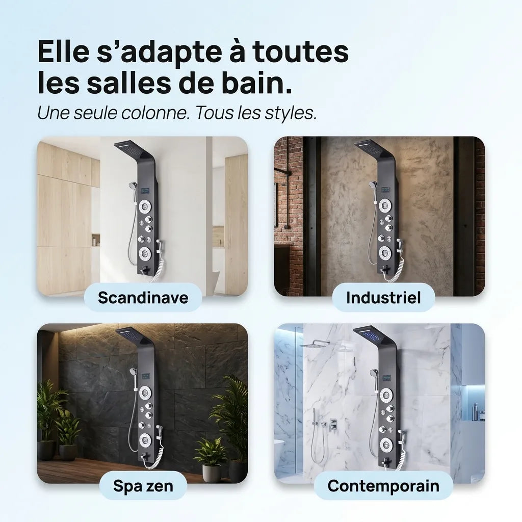 Colonne de douche noire hydromassante mitigeur 6 fonctions robinet baignoire pomme - détail du mécanisme sur fond blanc