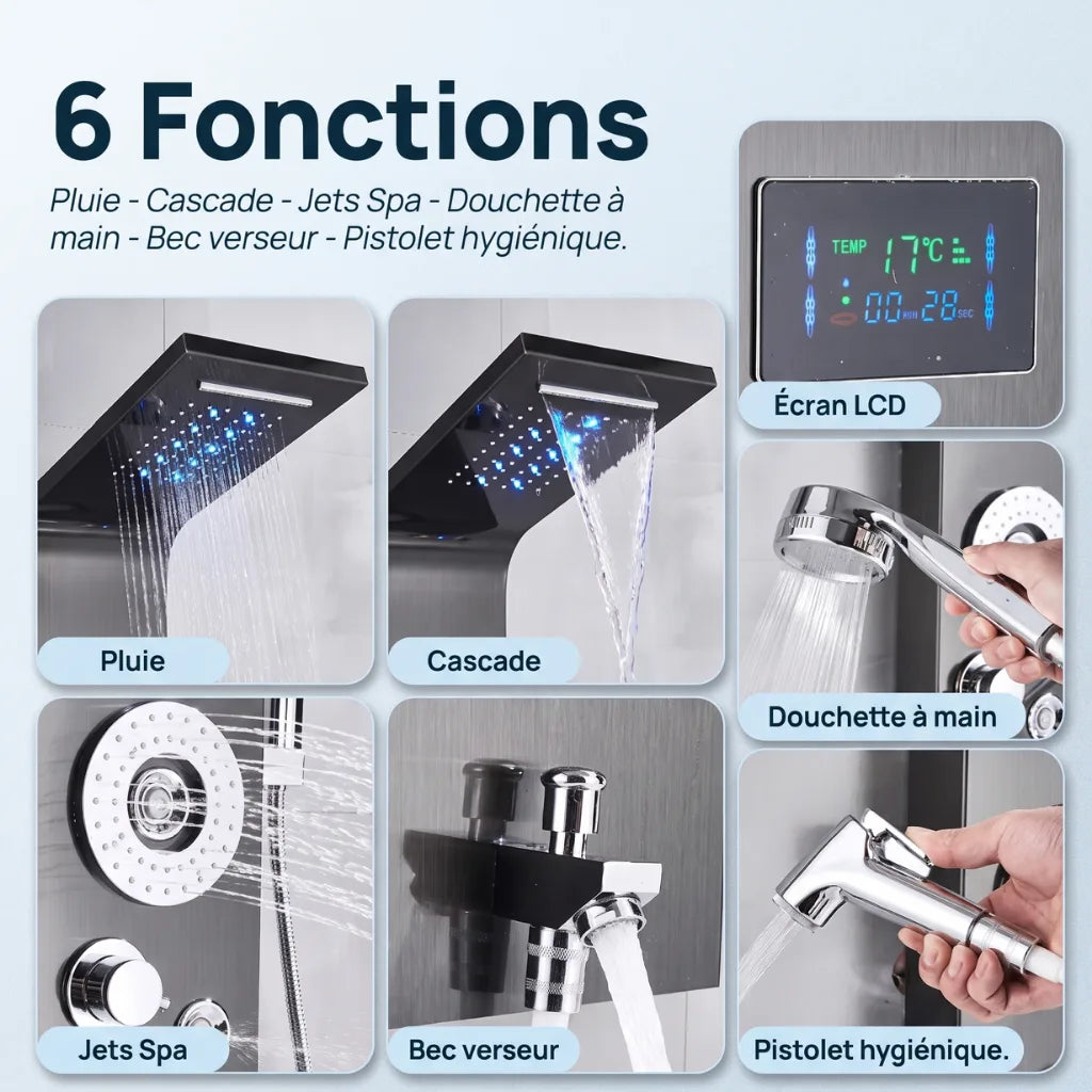 Colonne de douche noire hydromassante mitigeur 6 fonctions robinet baignoire pomme laiton inox - vue de face sur fond blanc