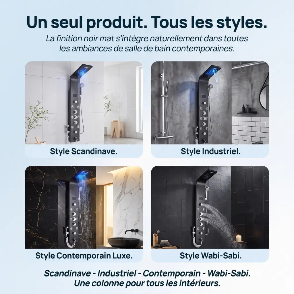 Colonne de douche noire hydromassante mitigeur 6 fonctions robinet - vue de détail sur fond blanc