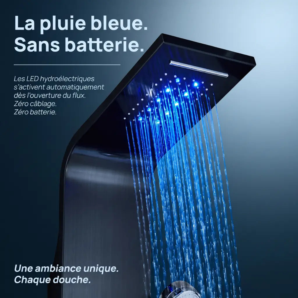 Colonne de douche noire hydromassante mitigeur 6 fonctions robinet - détail des buses sur fond blanc