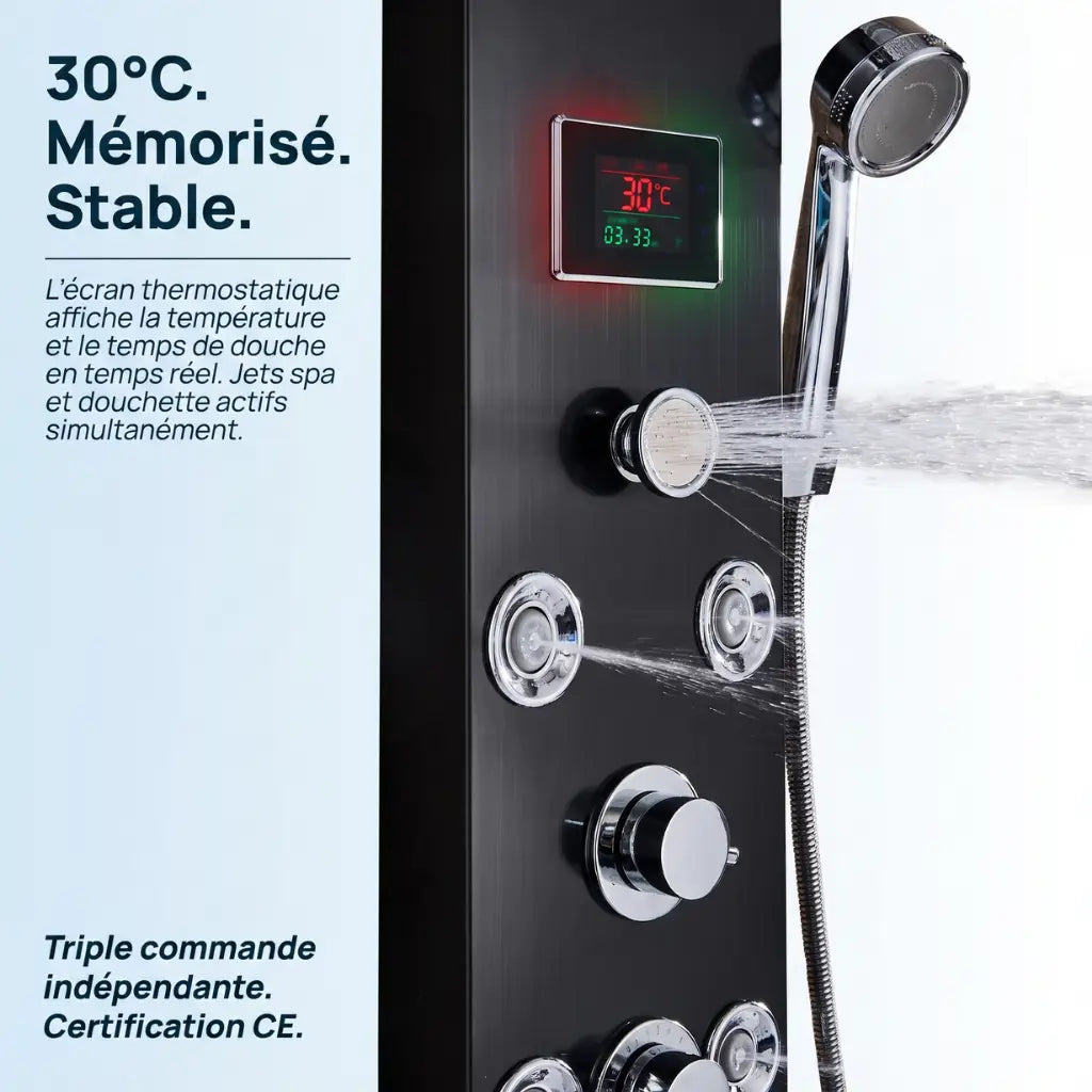 Colonne de douche noire hydromassante mitigeur 6 fonctions robinet - vue rapprochée sur fond blanc