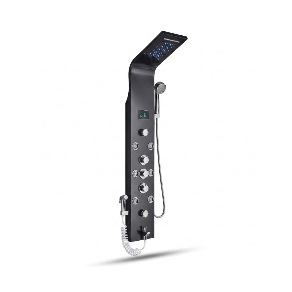 Colonne de douche noire hydromassante mitigeur 6 fonctions robinet - vue principale sur fond blanc