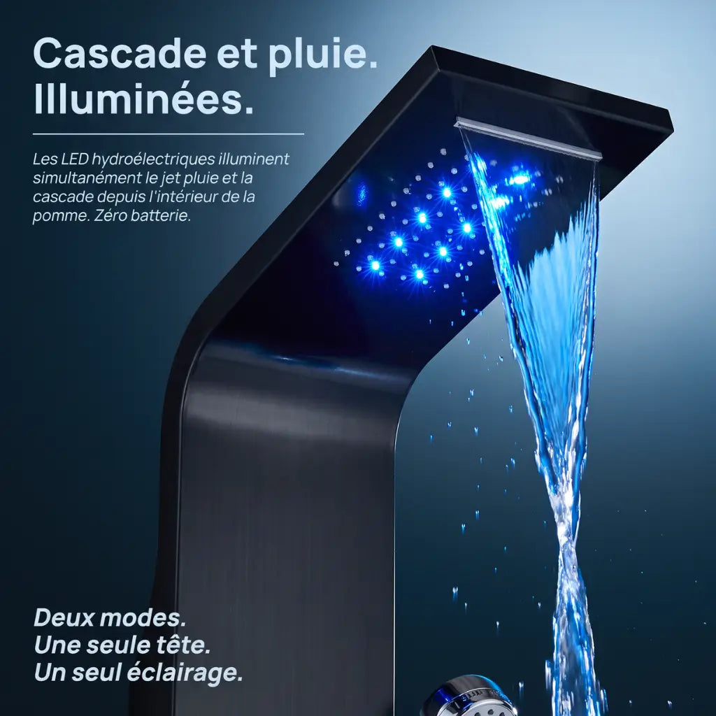 Colonne de douche noire hydromassante mitigeur 6 fonctions robinet - en utilisation dans la douche