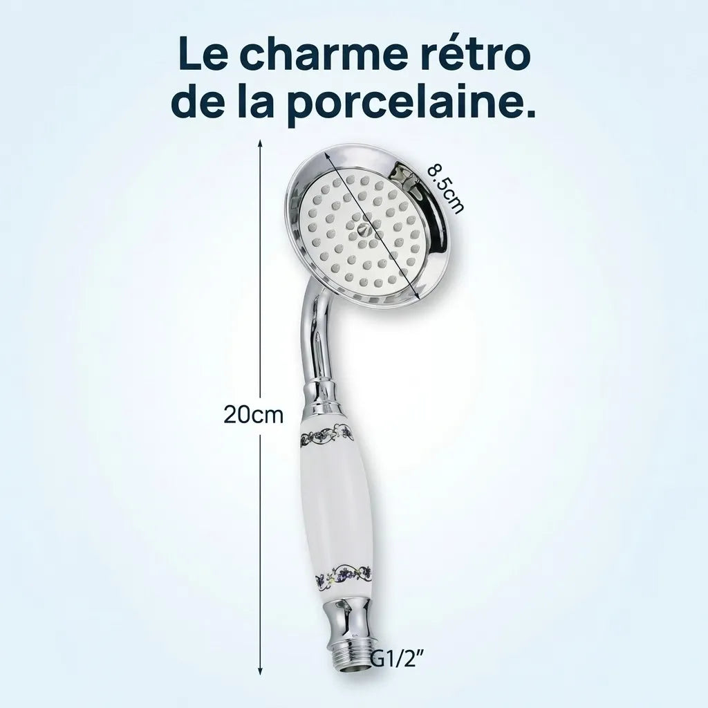 Douchette Économique Vintage Chromée Céramique Motif Fleur - vue de détail sur fond blanc