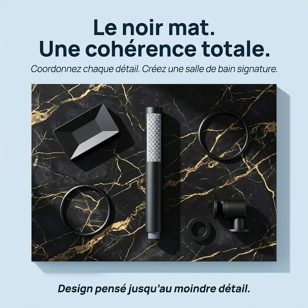 Douchette Noire Mate Jet Unique - détail des buses sur fond blanc
