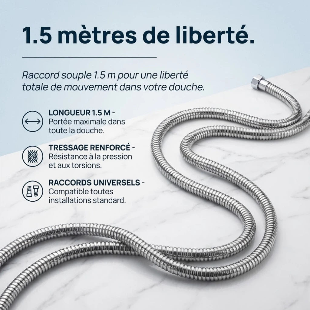 Raccord de douche universel 1.5m flexible - vue de côté sur fond blanc