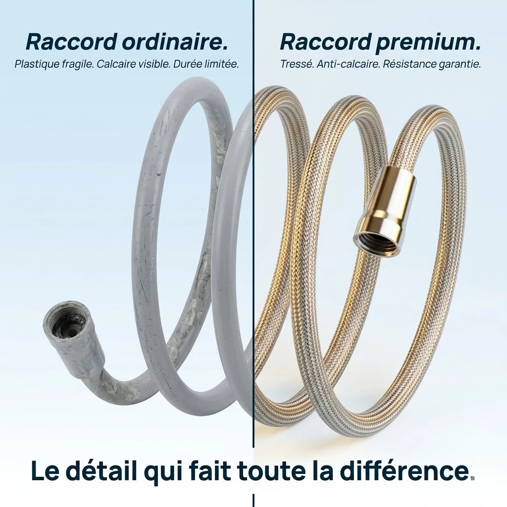 Raccord de douche tressé universel 1.5/2m - vue de côté sur fond blanc