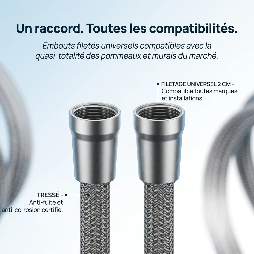 Raccord de douche tressé universel 1.5/2m - vue de dos sur fond blanc