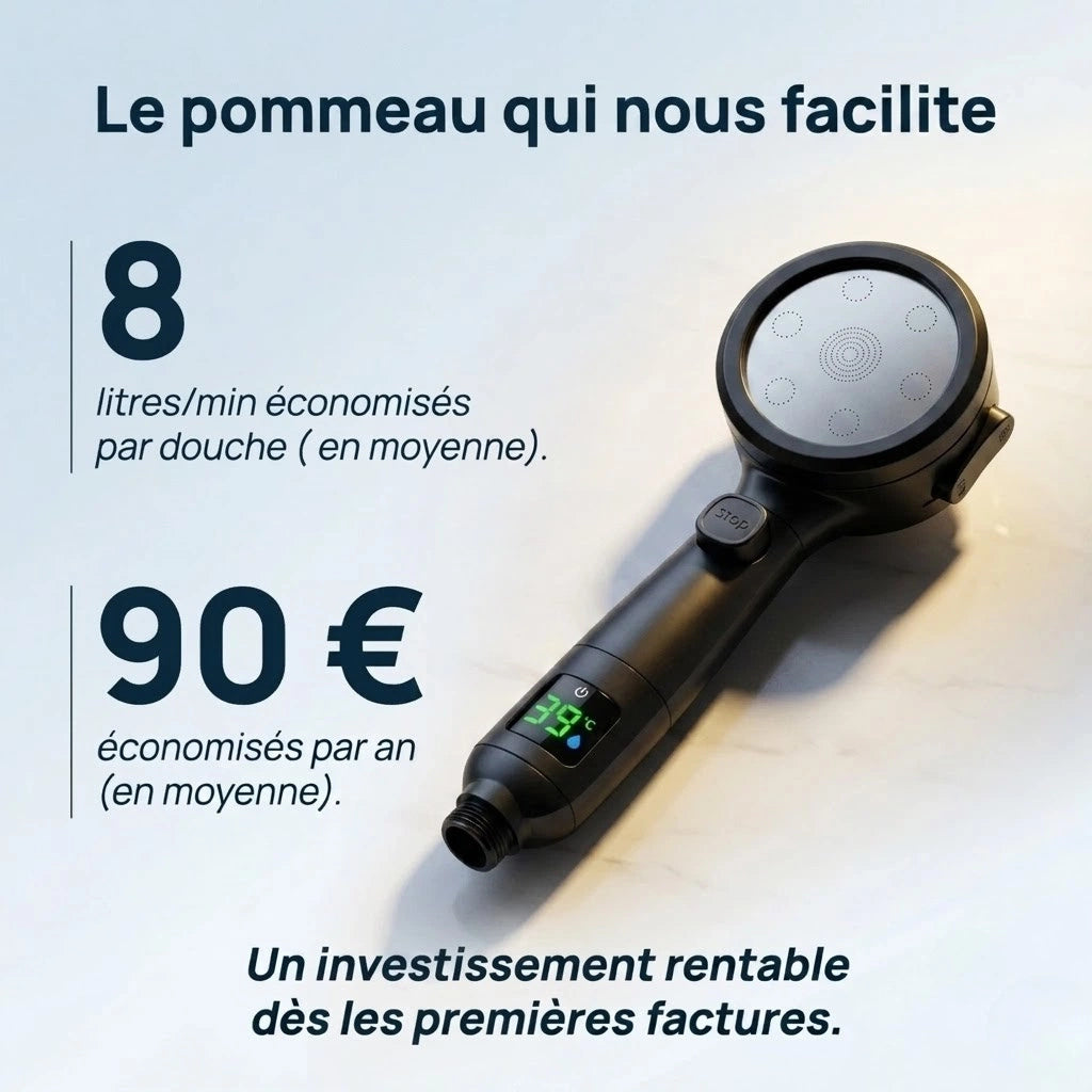 Pommeau de douche noir avec affichage numérique - détail des buses sur fond blanc