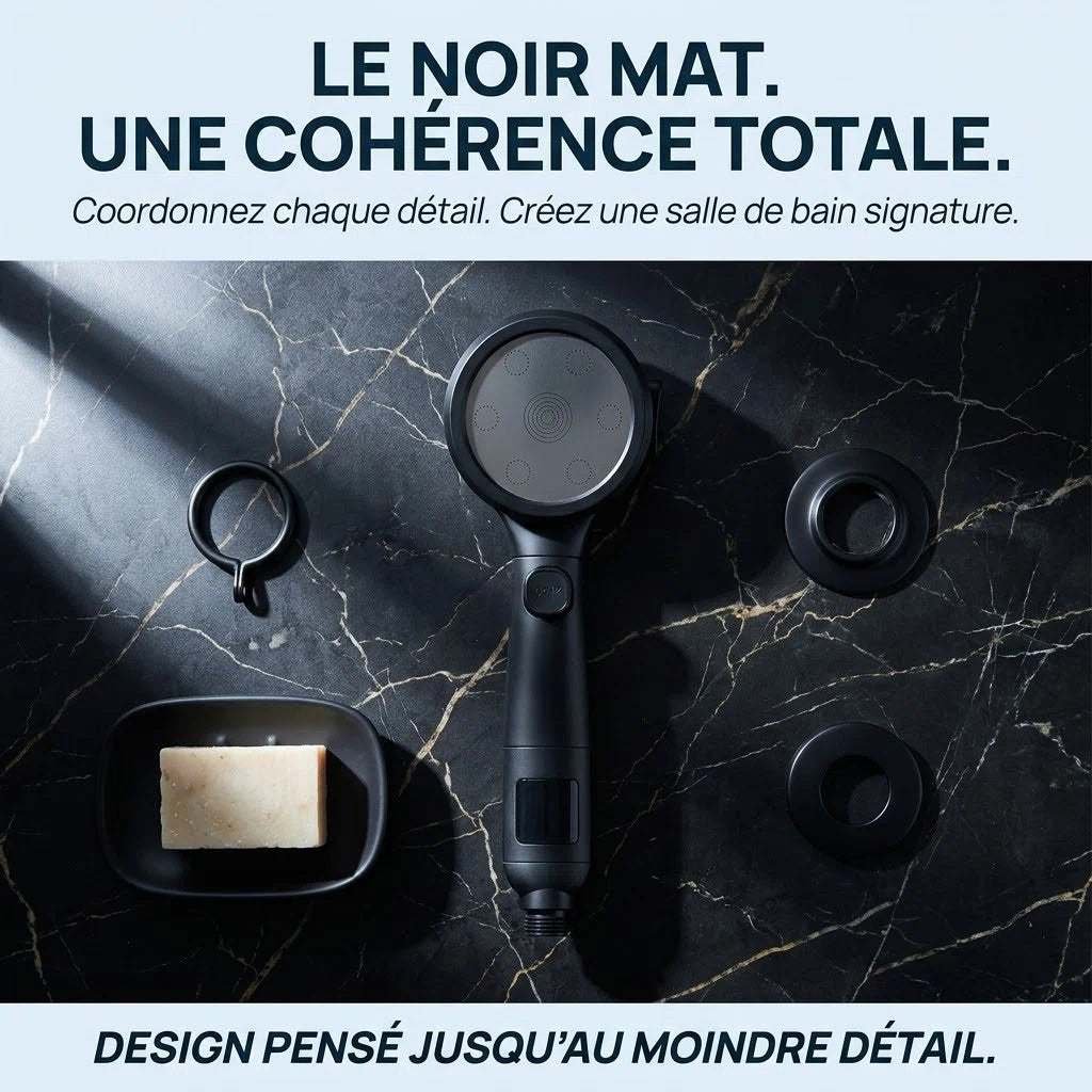 Pommeau de douche noir avec affichage numérique - détail du mécanisme sur fond blanc
