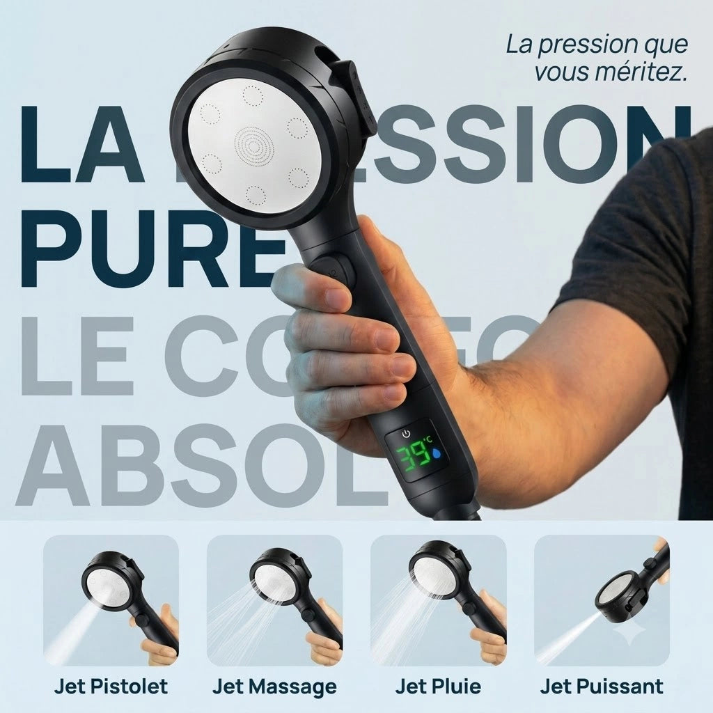 Pommeau de douche noir avec affichage numérique - vue principale sur fond blanc
