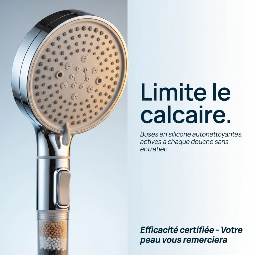 Pommeau de douche avec système de billes filtrantes qui limite le calcaire sur fond bleu.