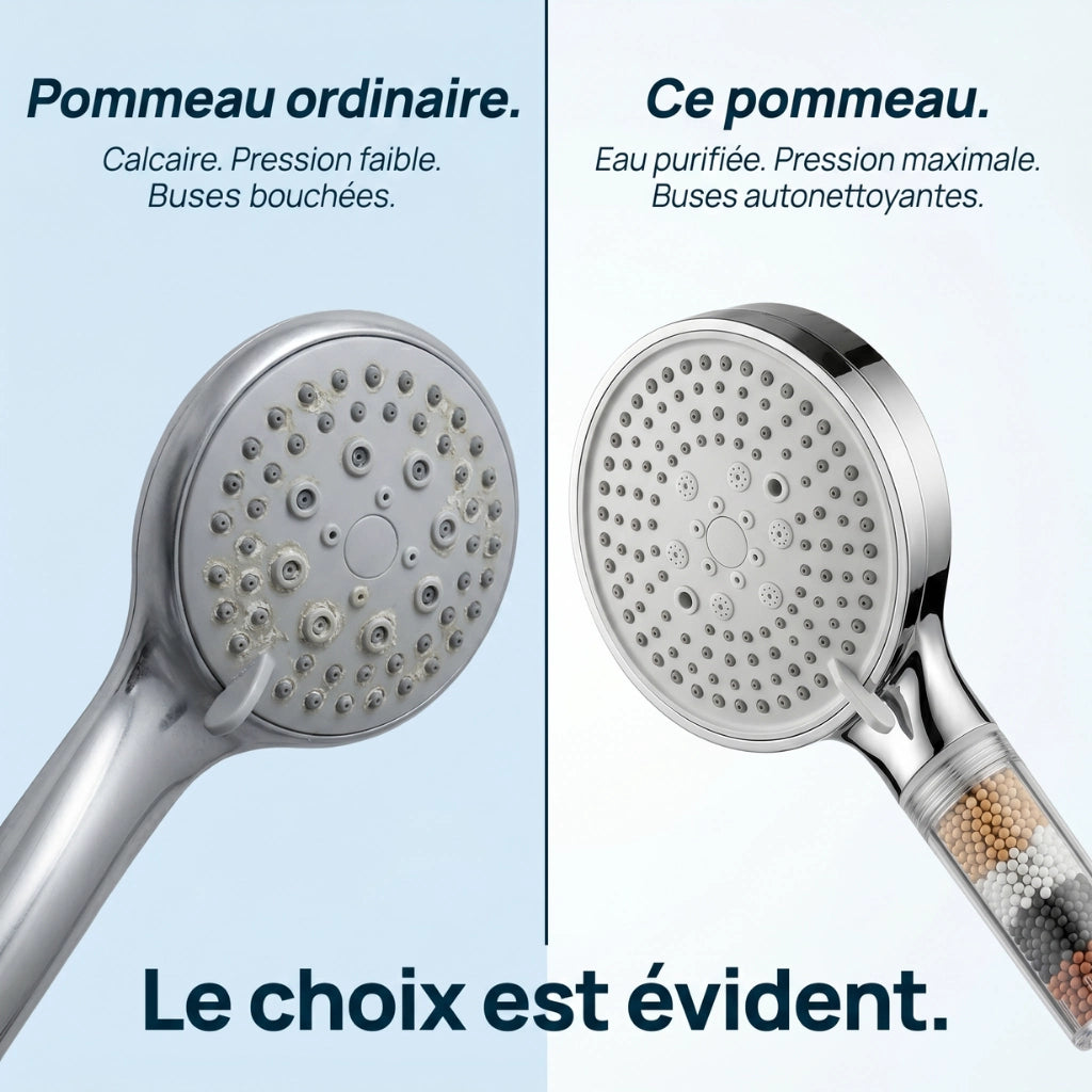 Compraison pommeau de douche à bille anticalcaire et un pommeau ordinaire sur fond bleu.