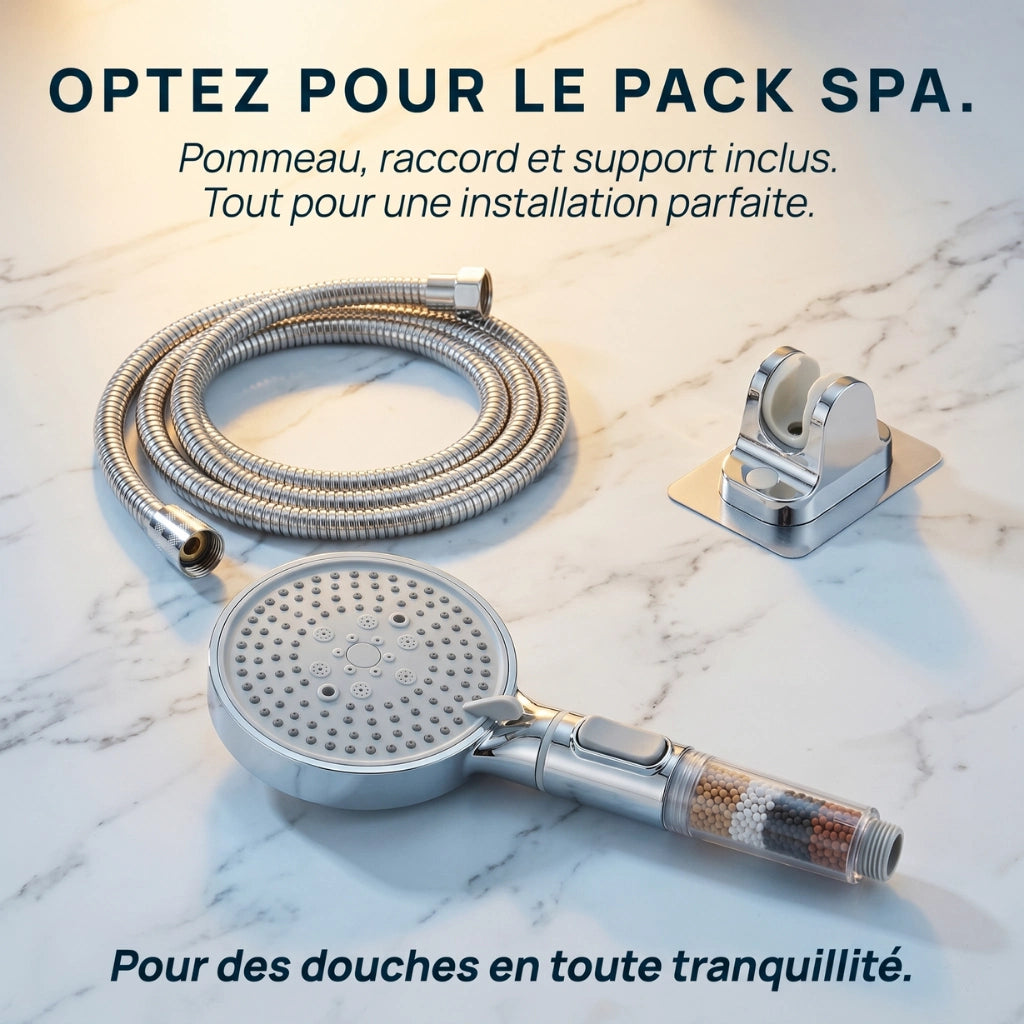 Pack spa pommeau de douche à bille anticalcaire multifonctions avec support et raccord.