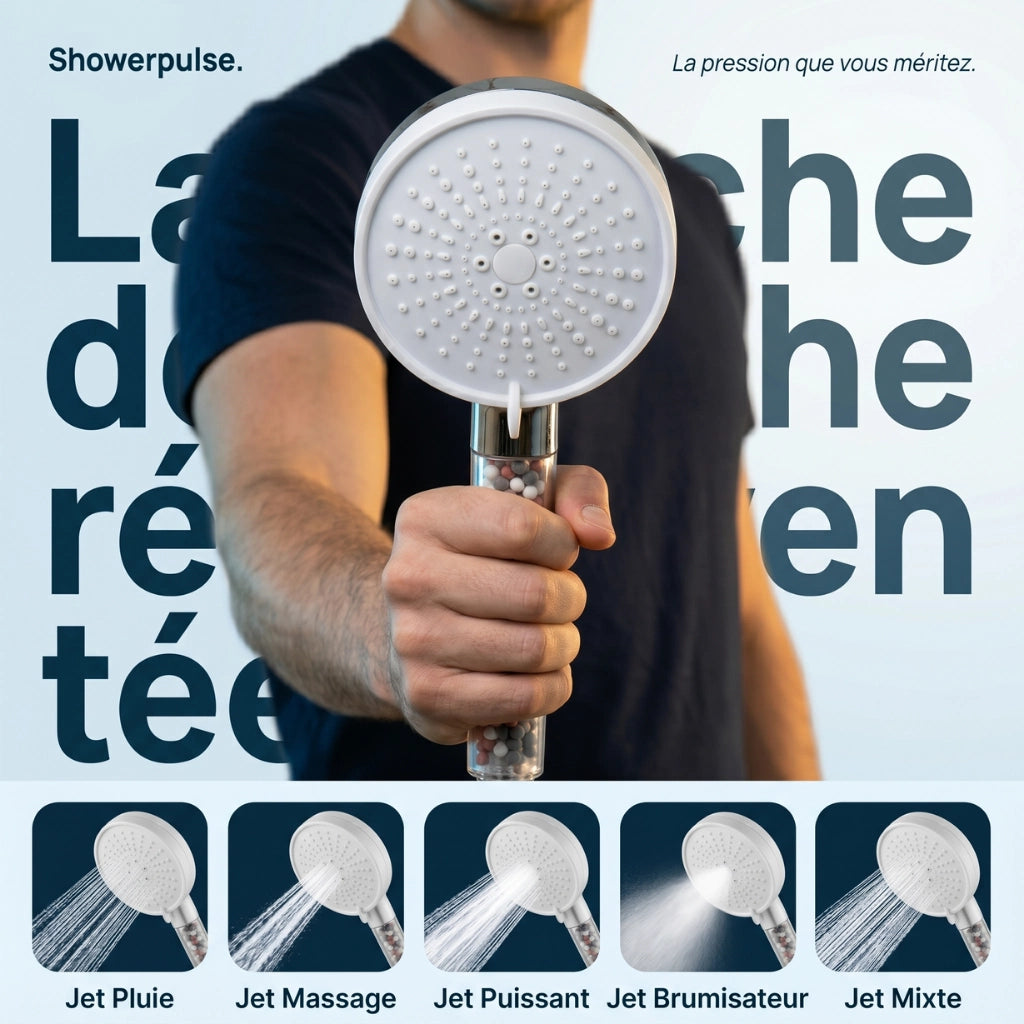 Pommeau de douche anti calcaire à billes 5 modes - vue générale sur fond blanc