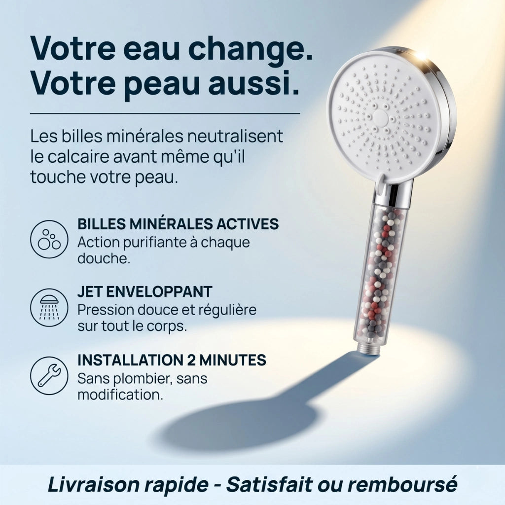 Pommeau de douche anti calcaire à billes 5 modes - détail des buses sur fond blanc