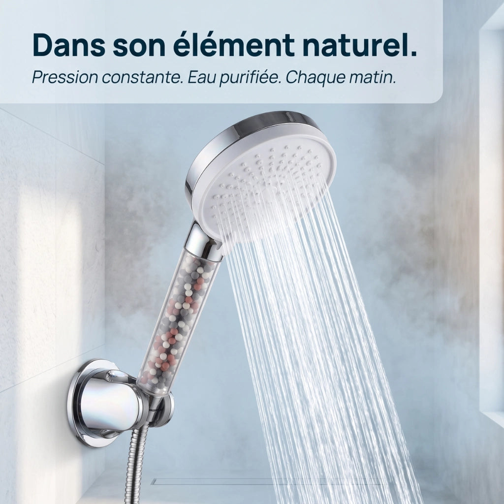 Pommeau de douche anti calcaire à billes 5 modes - en utilisation dans la douche