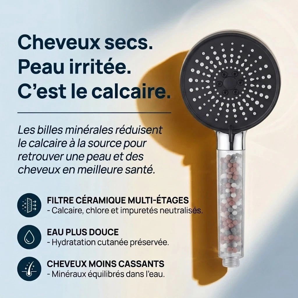Pommeau de douche noir anti calcaire à billes 5 modes - vue de côté sur fond blanc