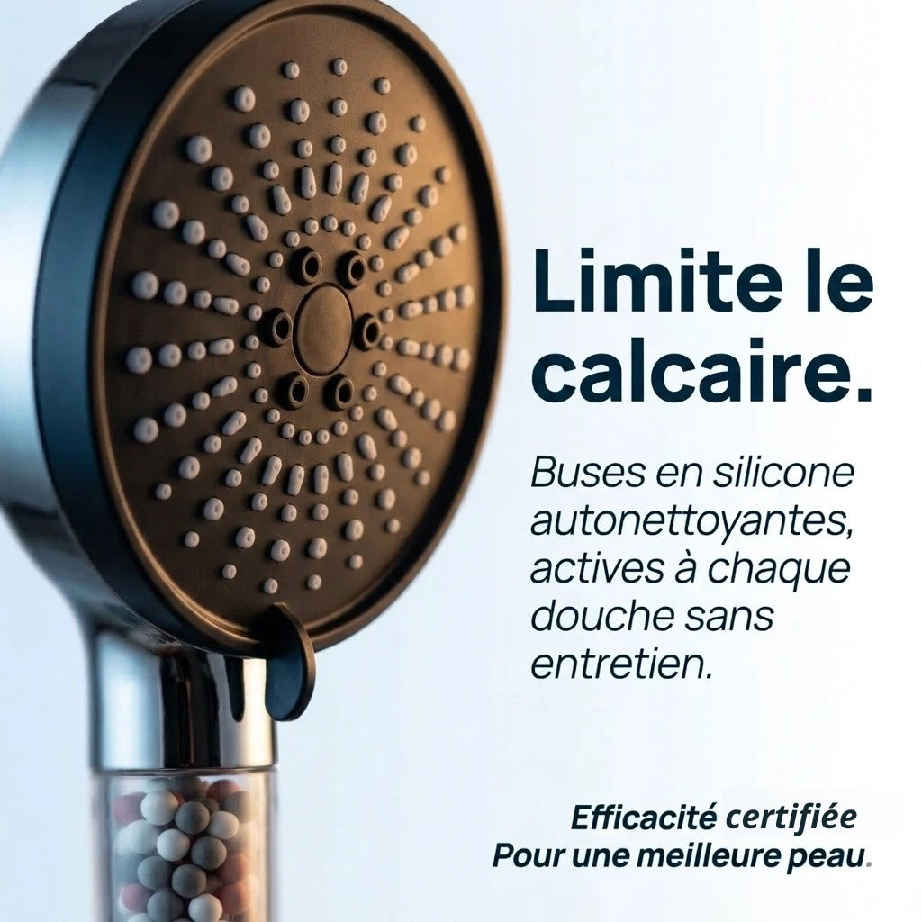 Pommeau de douche noir anti calcaire à billes 5 modes - vue de dos sur fond blanc