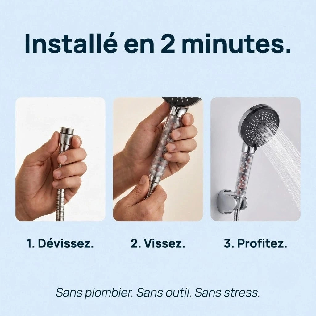 Pommeau de douche noir anti calcaire à billes 5 modes - détail des buses sur fond blanc