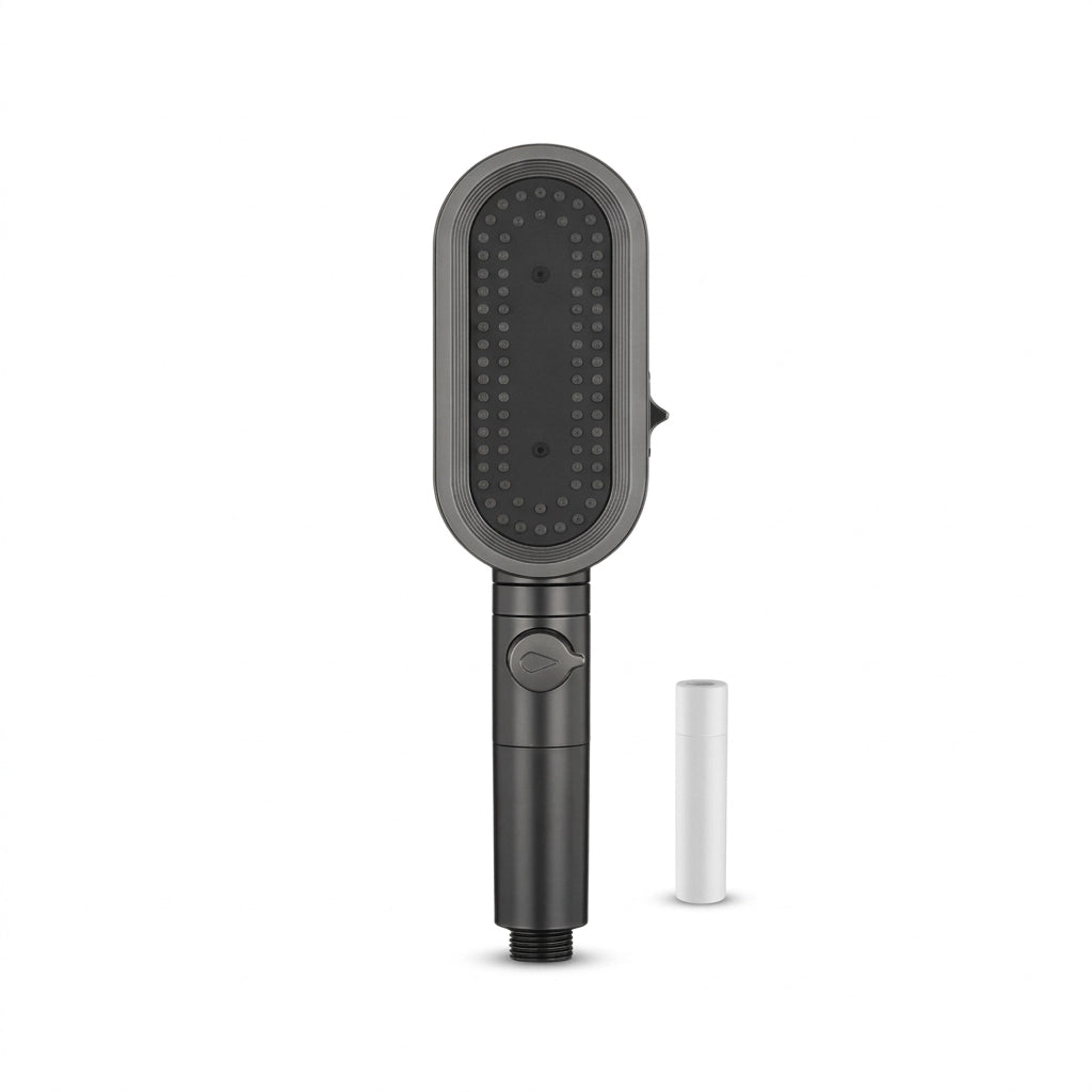 Pommeau de douche gris anticalcaire avec système de filtration de l’eau présenté de face