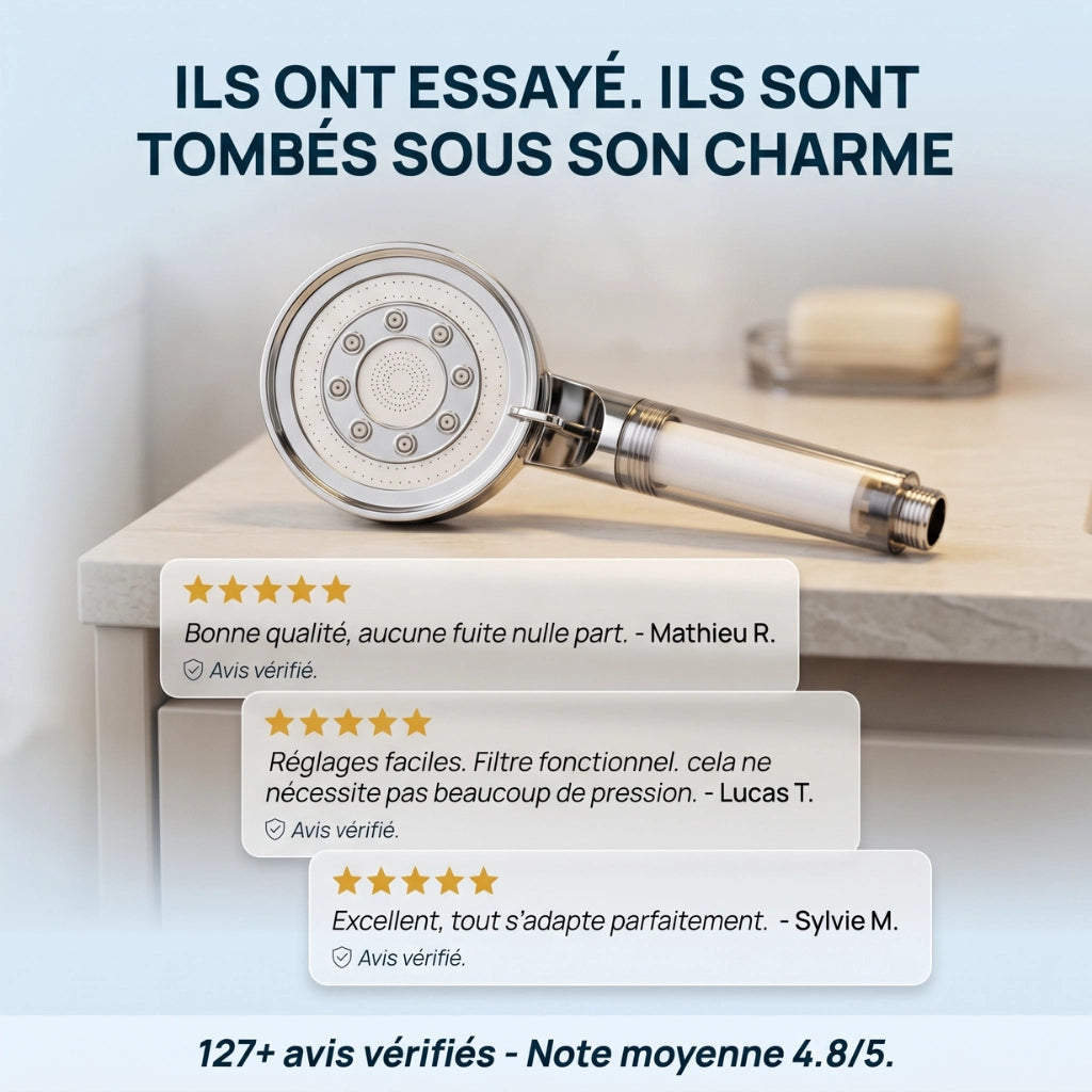 Avis d'un pommeau de douche haute pression posé sur une vasque.