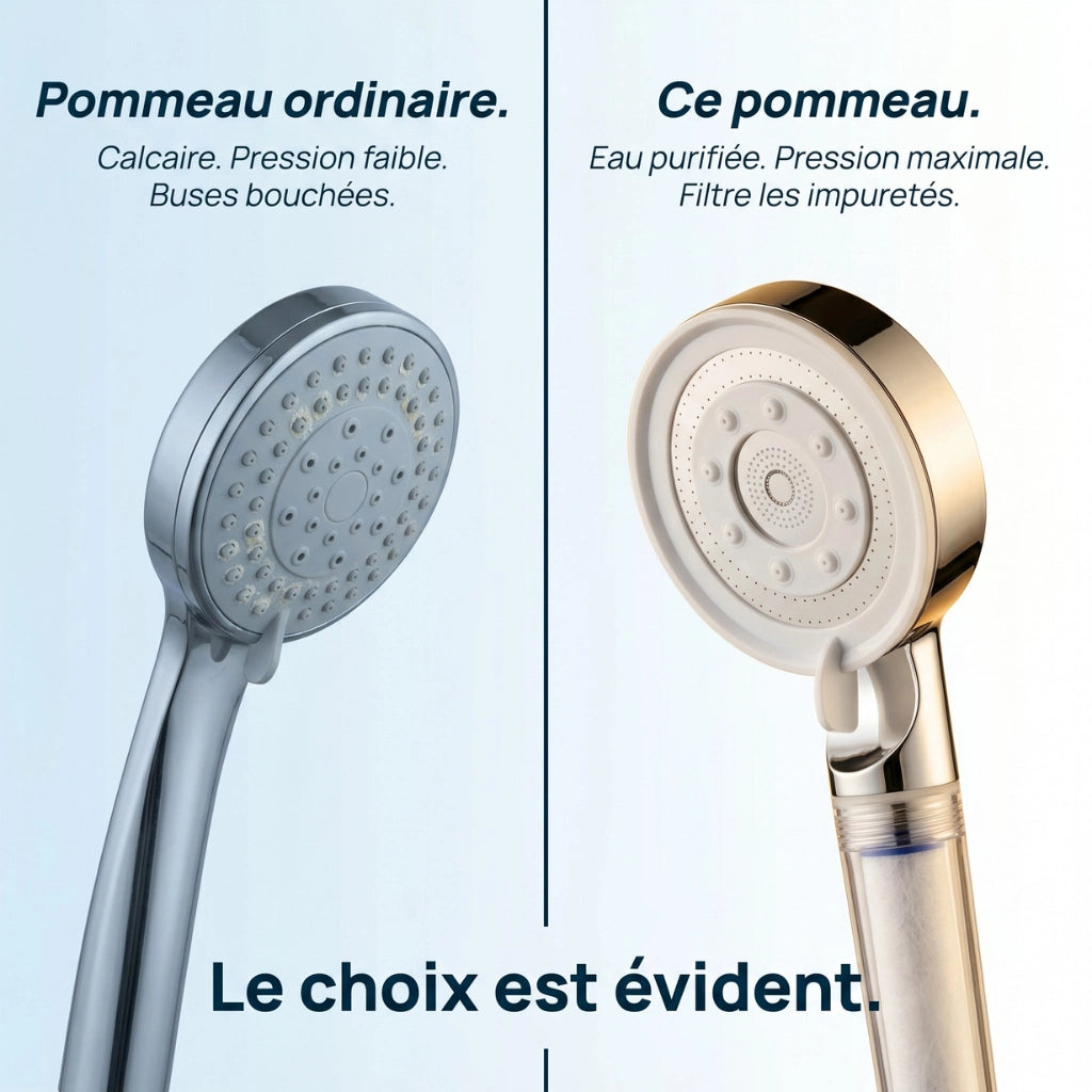 Compraison pommeau de douche haute pression et pommeau de douche ordinaire.