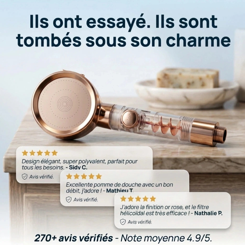Pommeau de douche or rose anti calcaire turbo chargé - en utilisation dans la douche