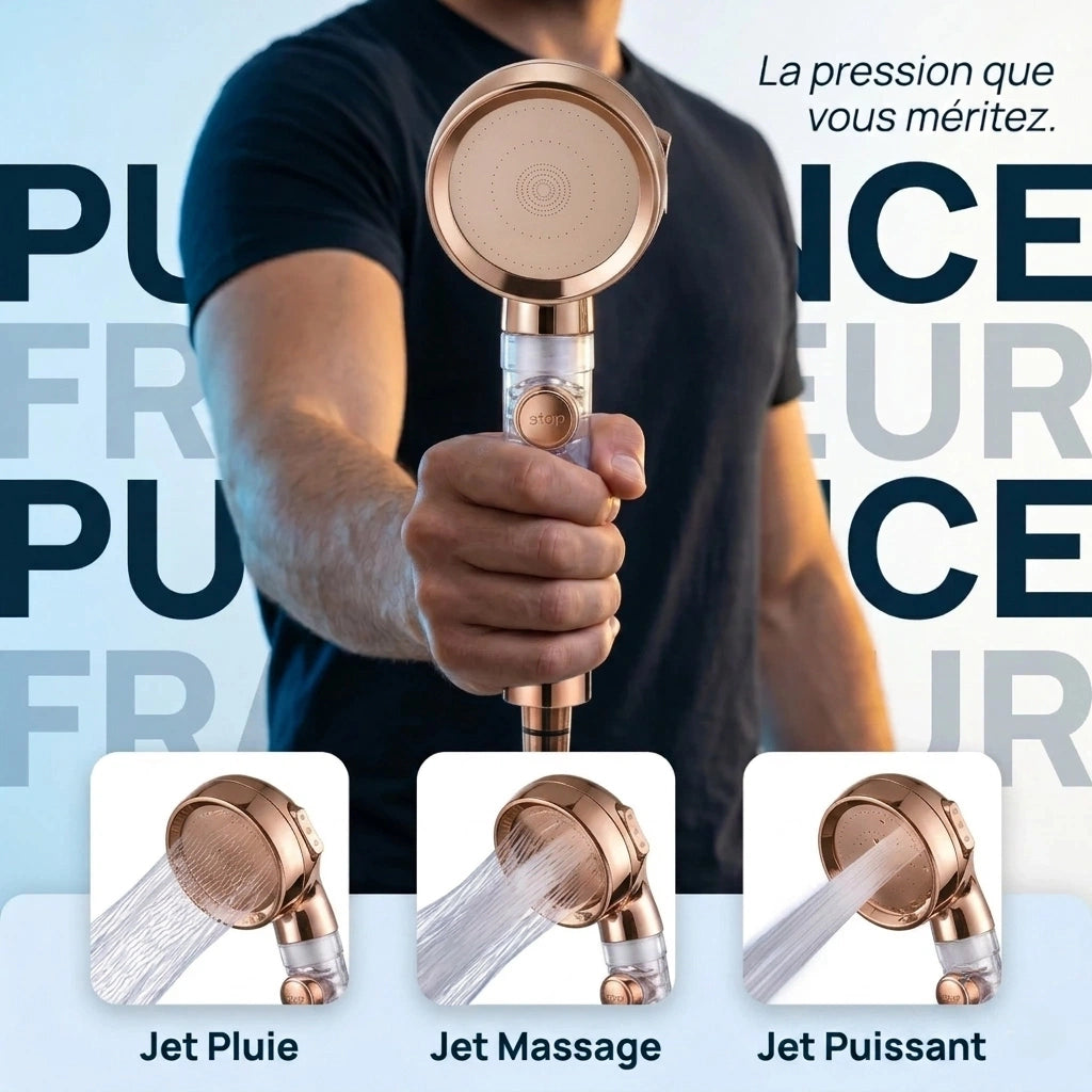 Pommeau de douche or rose anti calcaire turbo chargé - vue de face sur fond blanc