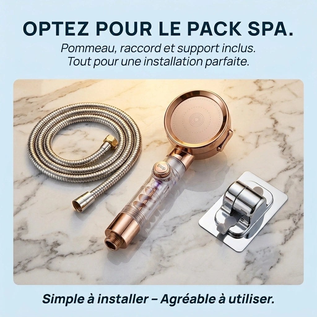 Pommeau de douche or rose anti calcaire turbo chargé - détail du mécanisme sur fond blanc